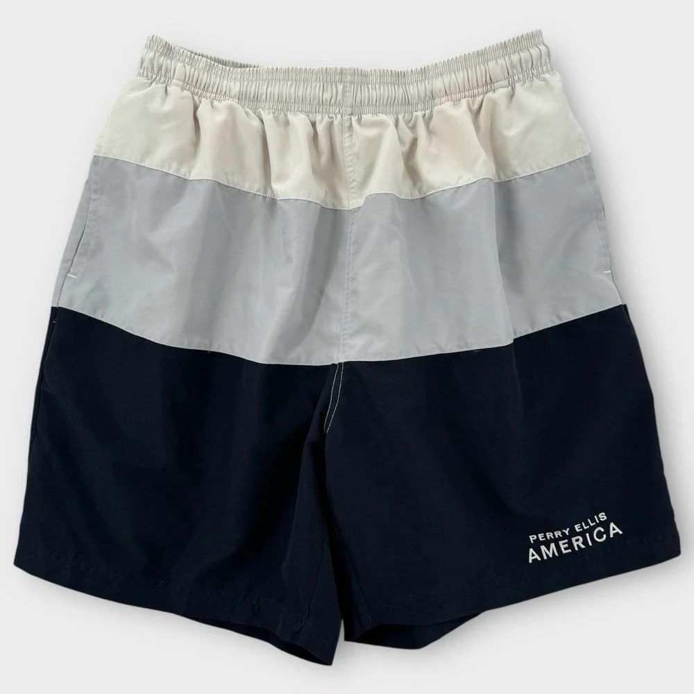 Perry Ellis America Active Shorts Mens Large Colorblock Elastic Swim Trunks NWT‎